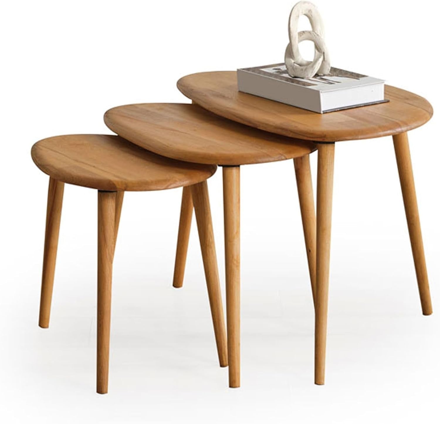 Oak Wood Nesting Coffee Table Set of 3 Mid-Century Modern Oval Living Room