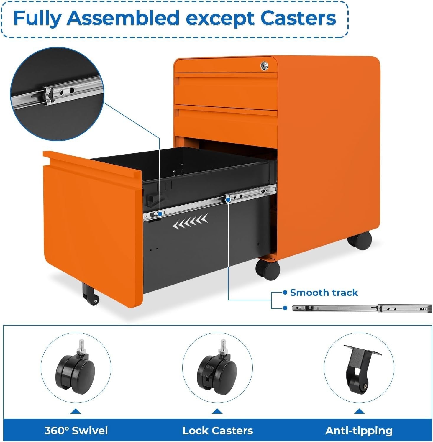 Orange Lockable Metal Filing Cabinet 3 Drawer A4 Anti Tilt on Wheels