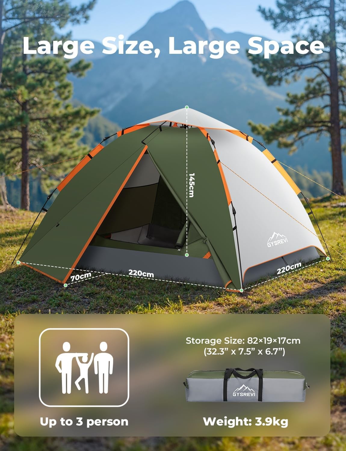 3 Man Instant Pop Up Camping Tent Waterproof Double Layer