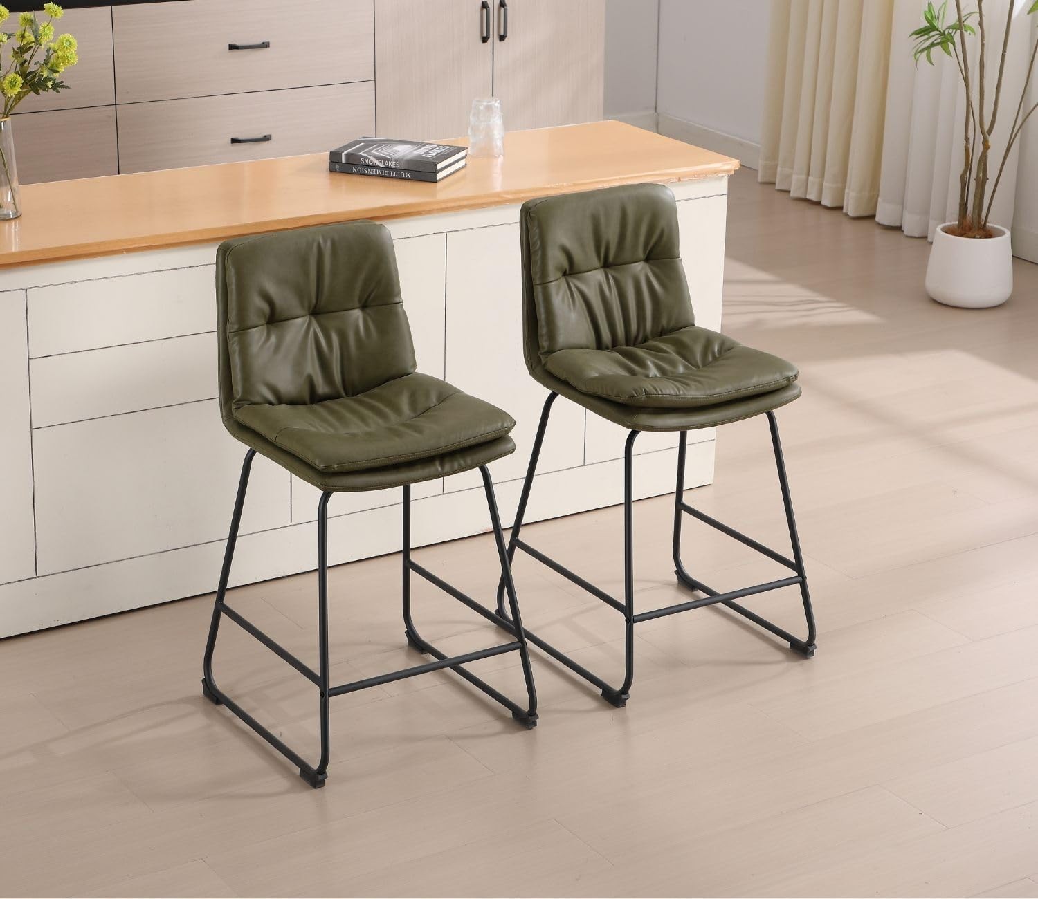 Modern Green Bar Stools Set of 2 – PU Leather Counter Chairs