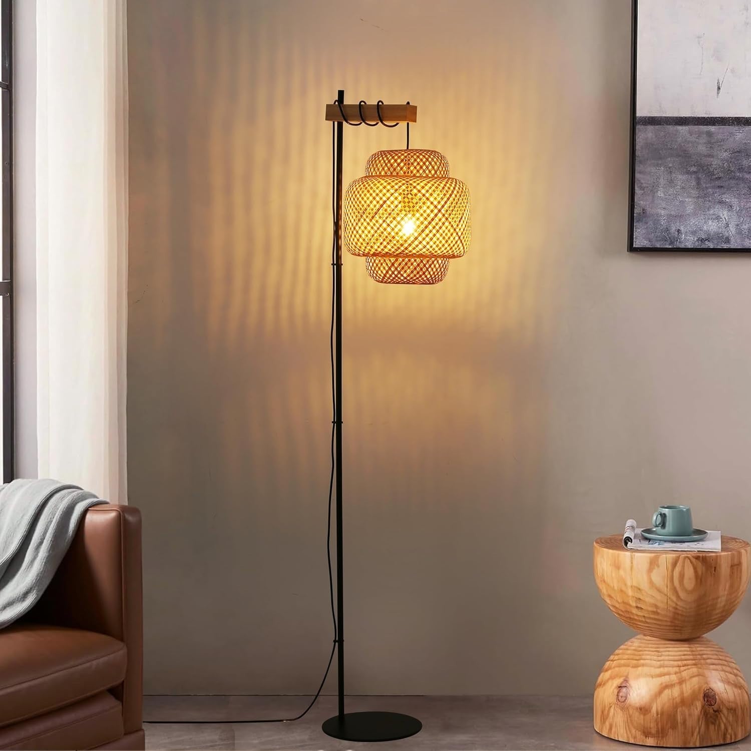 Boho Bamboo Floor Lamp with Foot Switch & Industrial Cake Shade