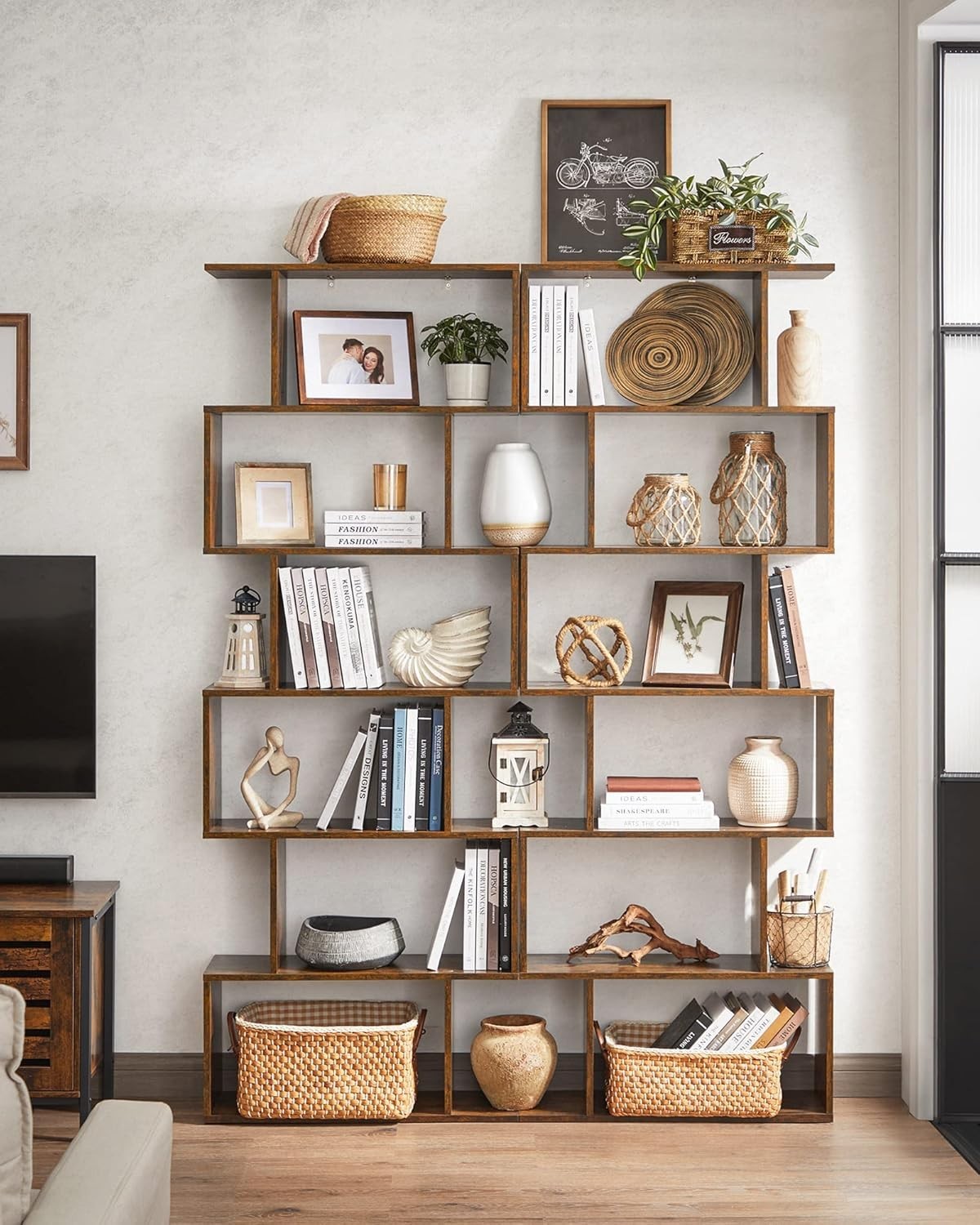 6 Tier Rustic Brown Bookcase S-Shaped Storage Shelf Room Divider 70x24x191cm