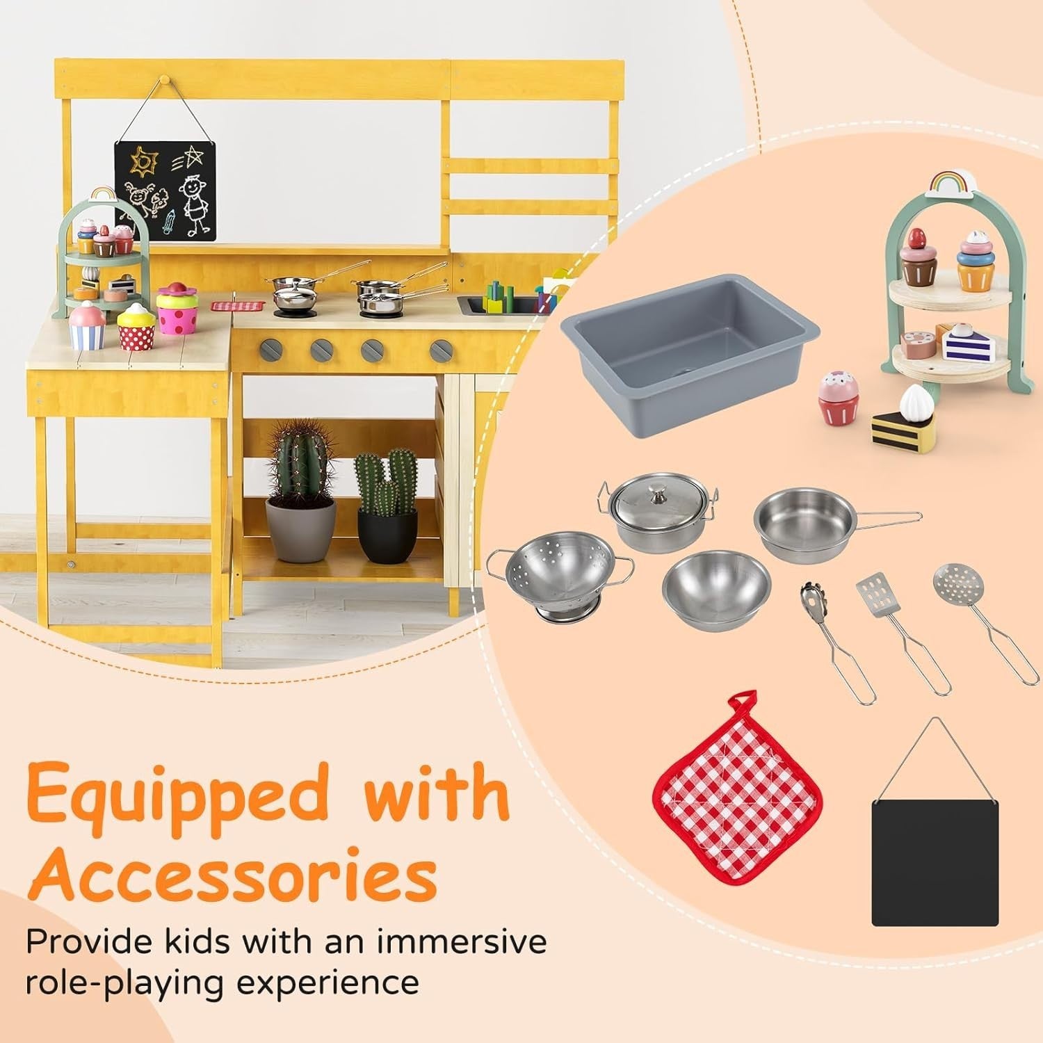 Outdoor Mud Kitchen Kids Wooden Playset w/ Picnic Table Blackboard