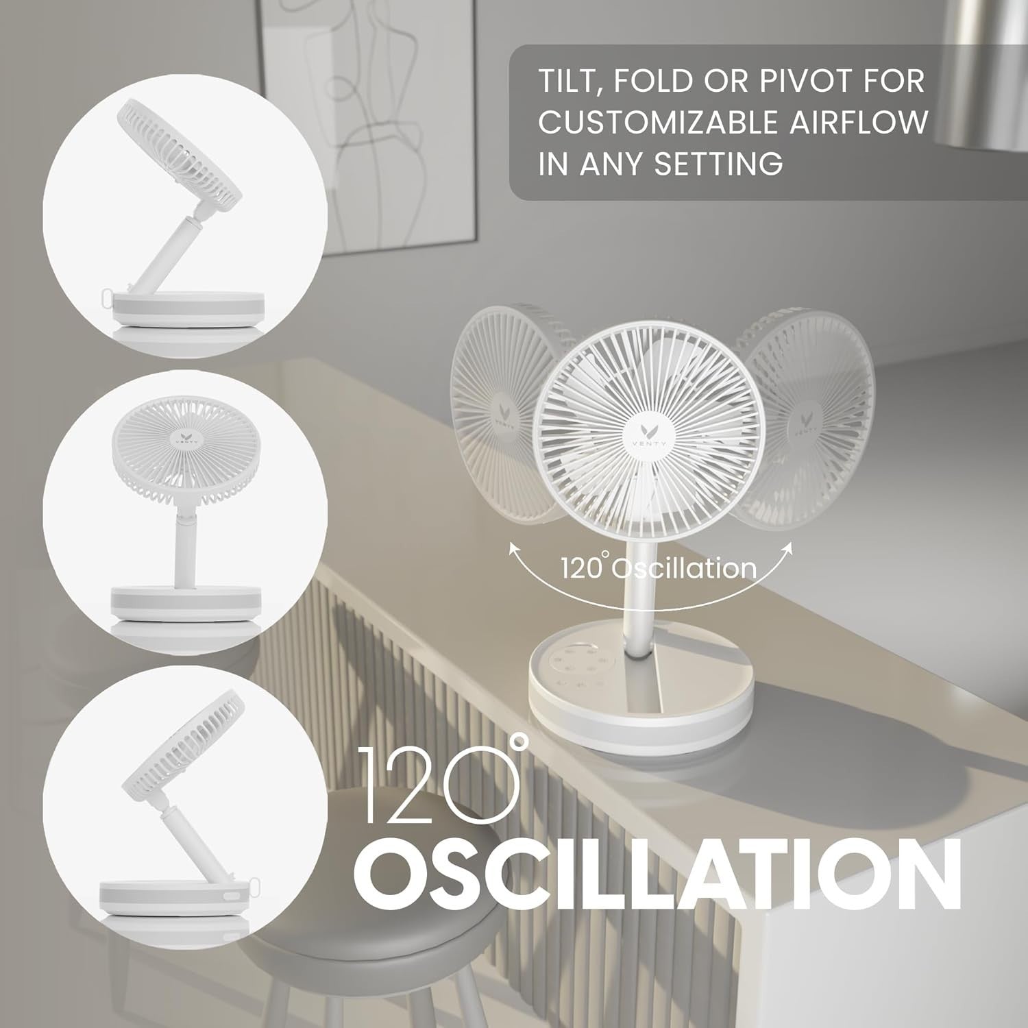 Portable Foldable Fan 4-Speed w Remote LED Light USB-C Rechargeable White w Case