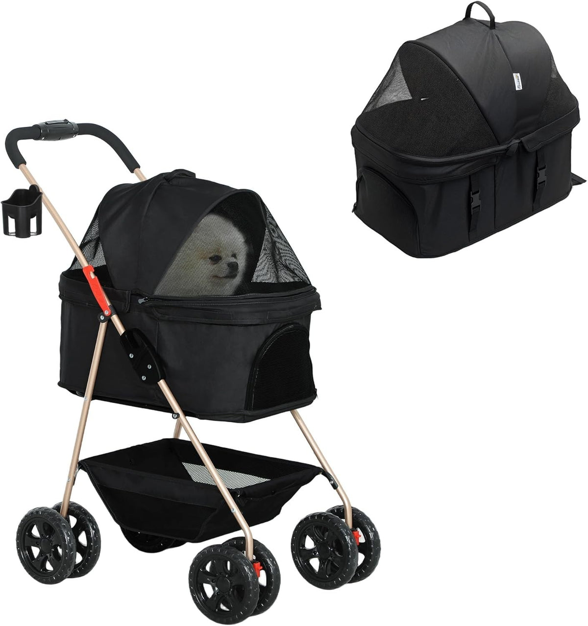 3 in 1 Pet Stroller Dog Pram Foldable Detachable Carrier Basket Black
