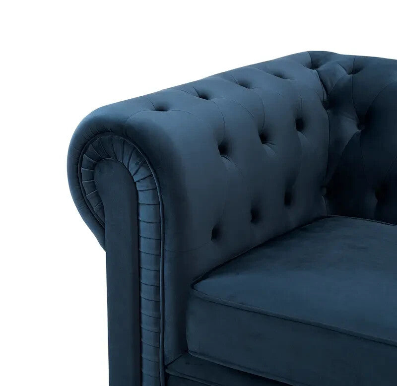 3 Seater Chesterfield Velvet Sofa Midnight Blue Tufted Scroll Arms UK