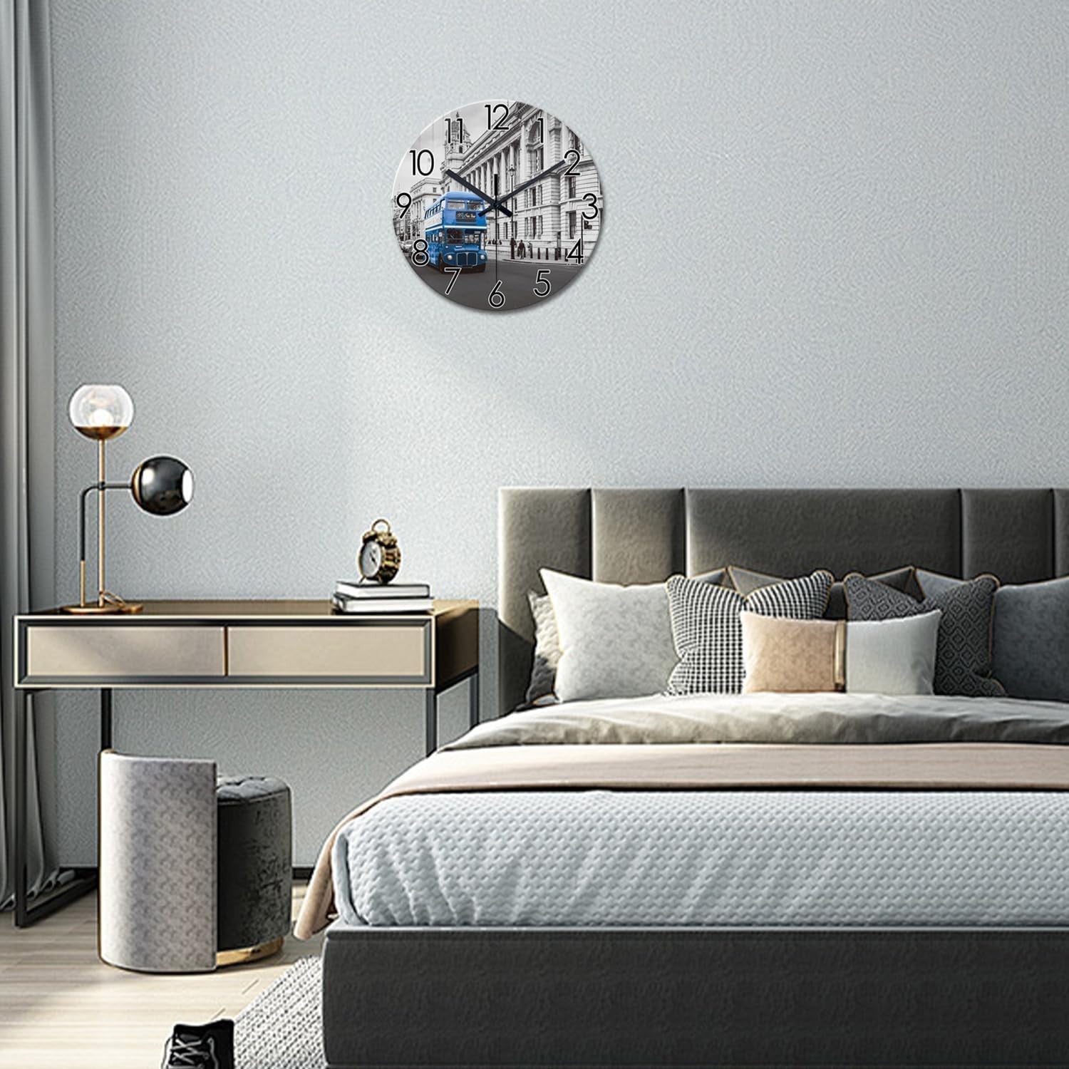 16" London Wall Clock Grey Silent Round Glass Modern Home Decor