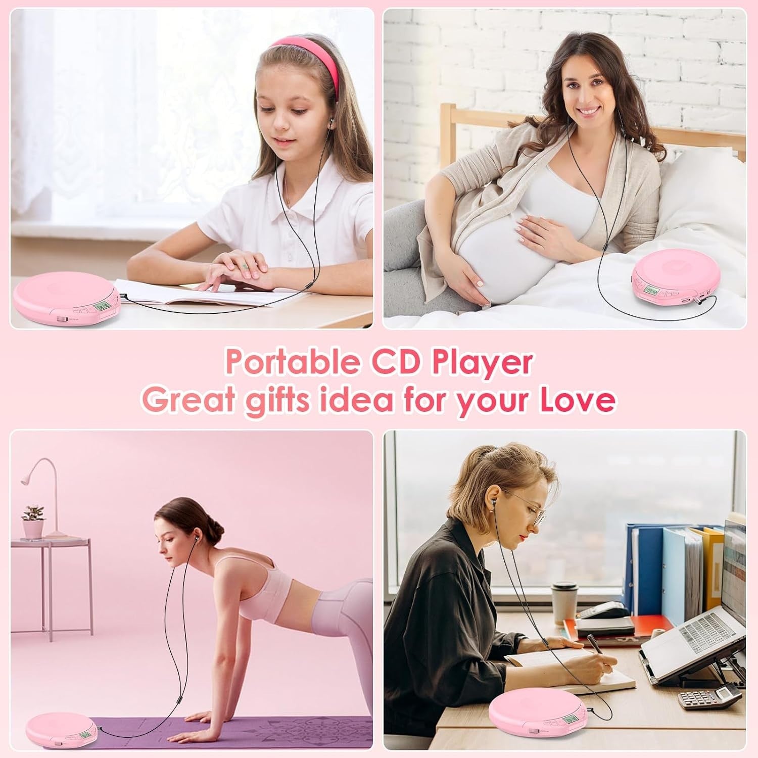 Personal CD Player Portable Anti-Skip LCD Display AUX Car Earphones Pink