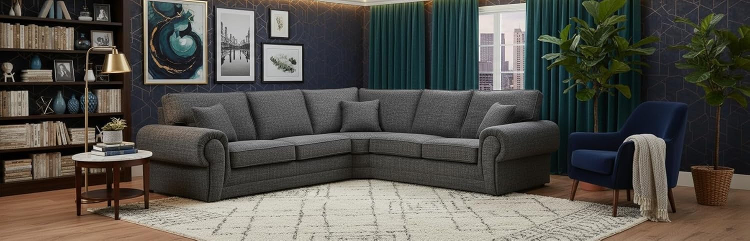 Chesterfield Corner Sofa 5 Seater High Back Deep Cushions Grey 255x255cm