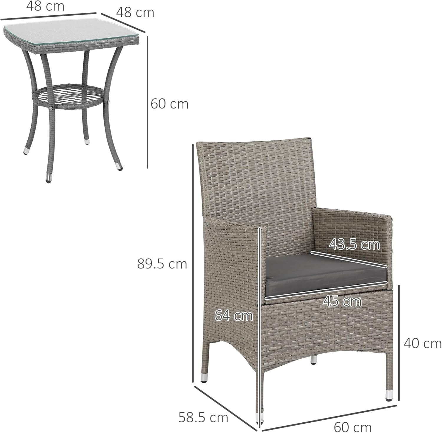 3 Piece Rattan Bistro Set Garden Chairs with Table Cushioned Balcony Set