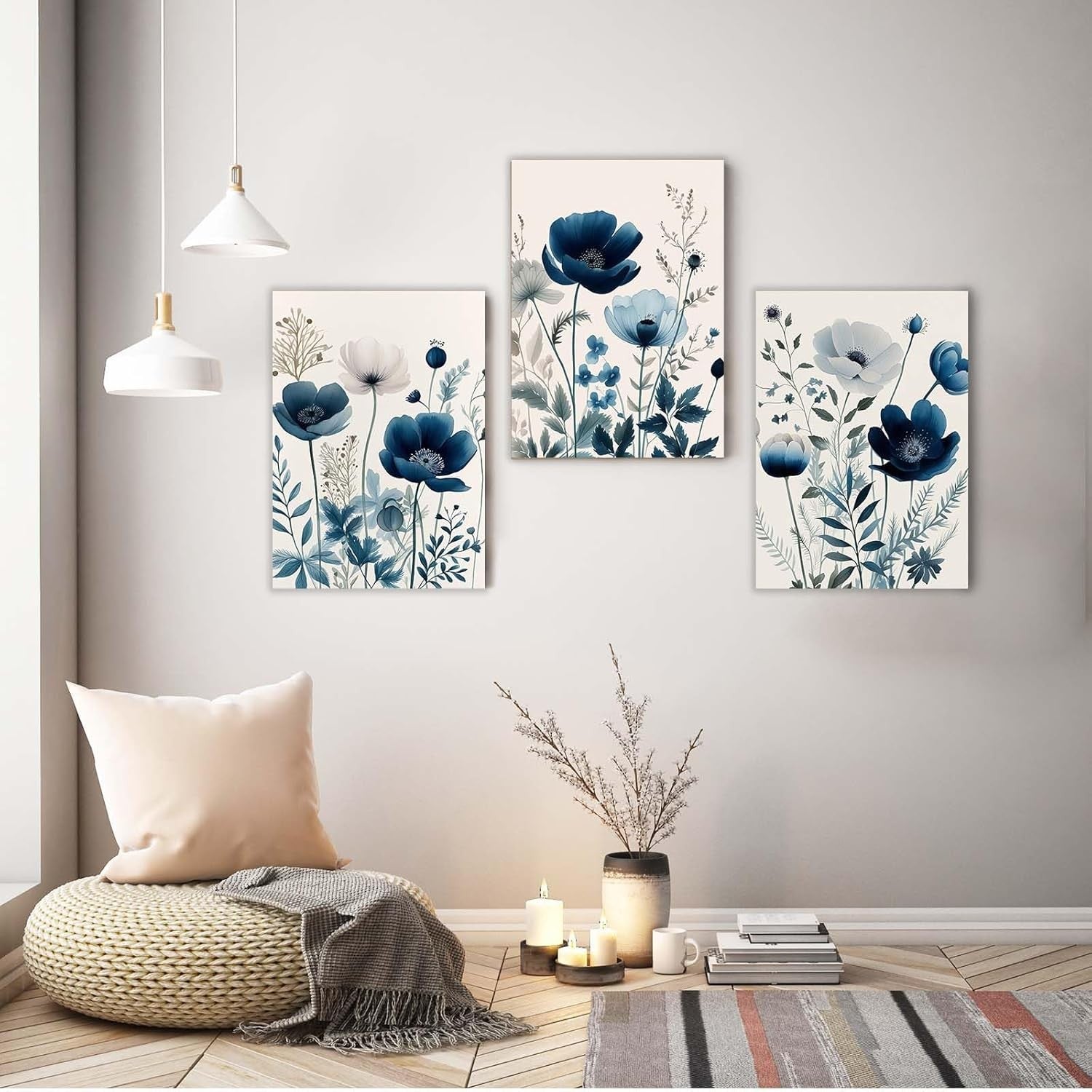 Blue Floral Canvas Wall Art Set of 3 Framed Prints 12x16 Modern Home Decor