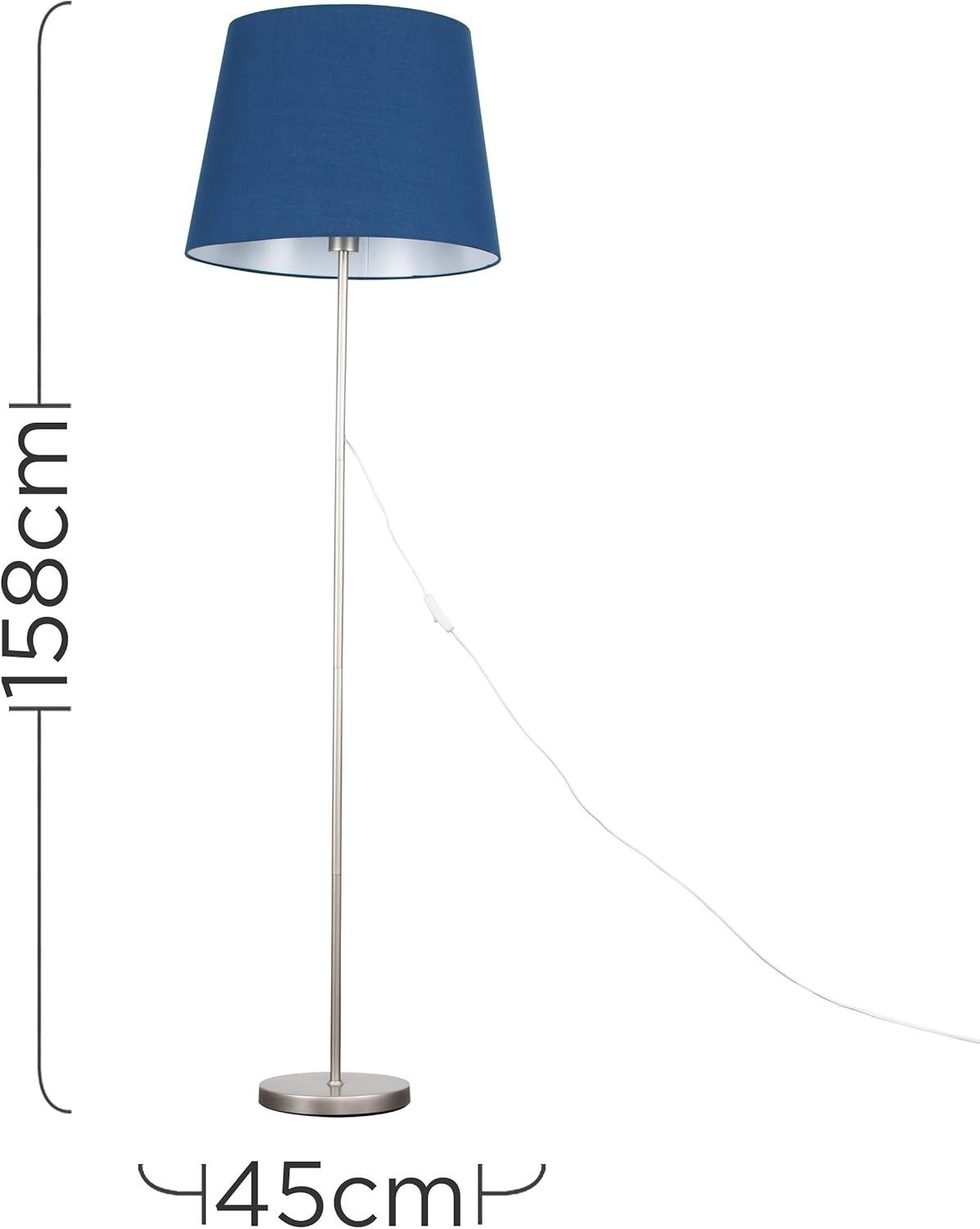 Modern Chrome Floor Lamp Large Navy Blue Tapered Shade LED Standing Light