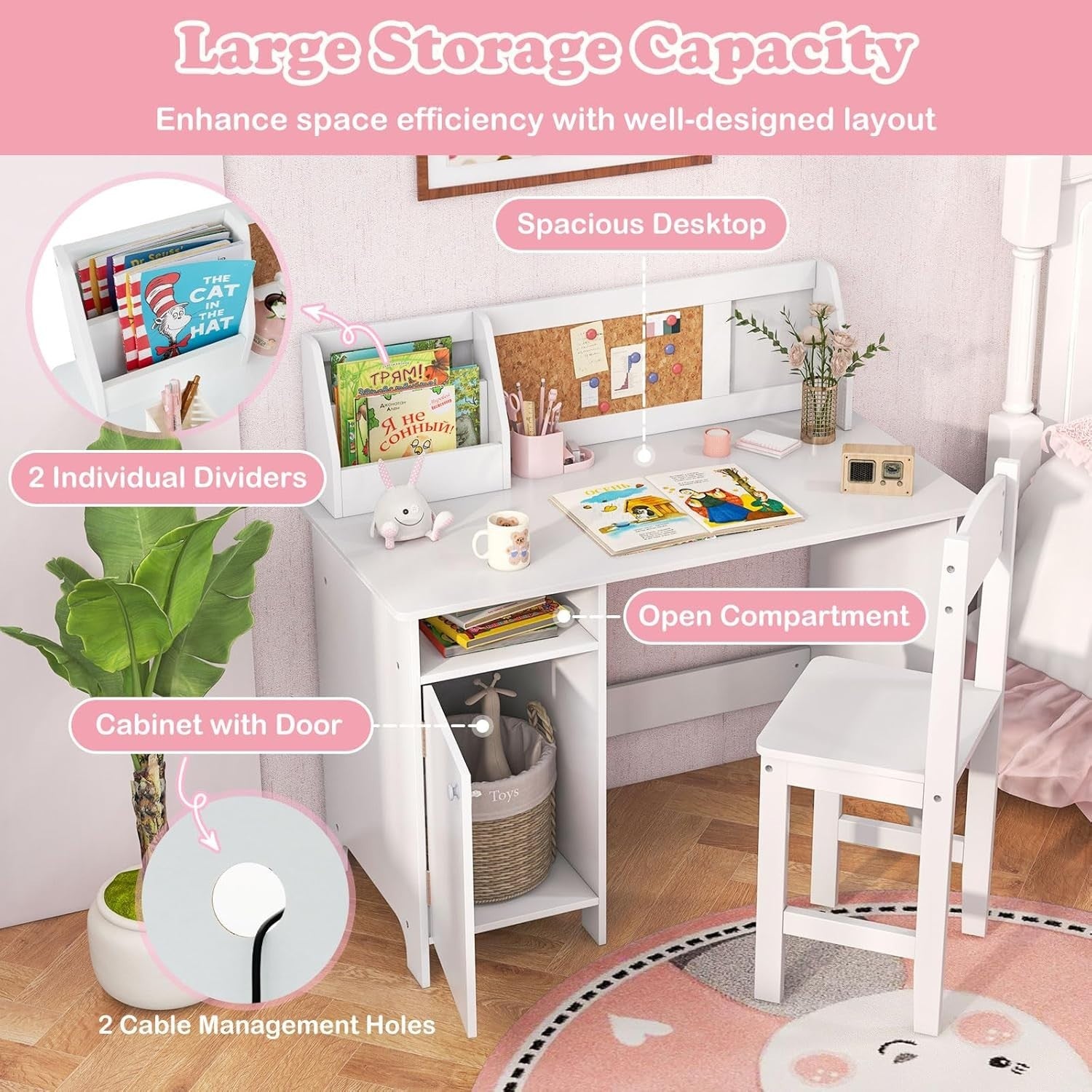 Kids Wooden Study Desk and Chair Set with Storage Whiteboard White