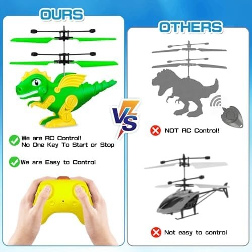 RC Dinosaur Helicopter Toy for Kids 6+, LED Lights, Indoor/Outdoor Drone