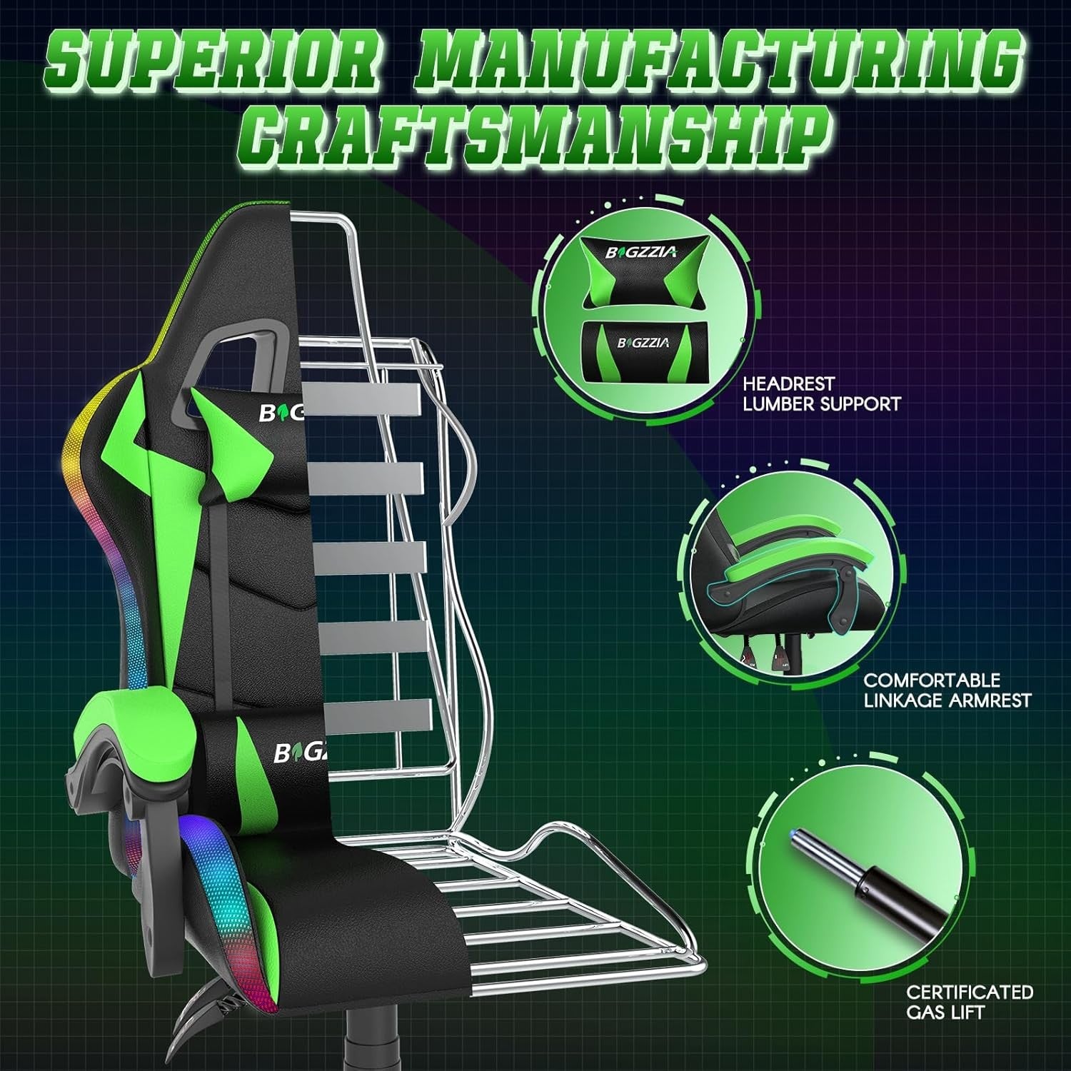 Ergonomic LED Gaming Chair with Footrest & Lumbar Support – Green High-Back