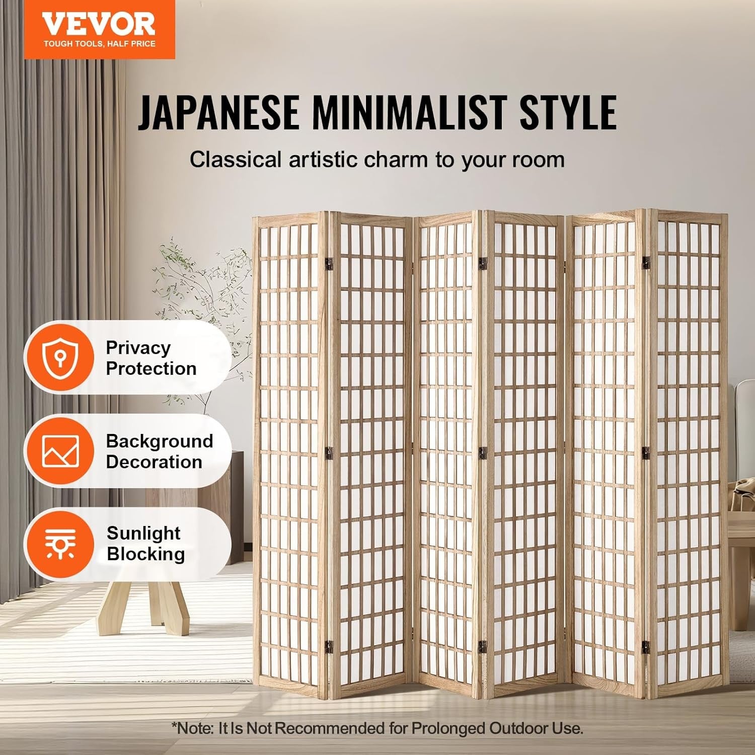 6 Panel Japanese Folding Room Divider Wood Privacy Screen 240x170cm Natural