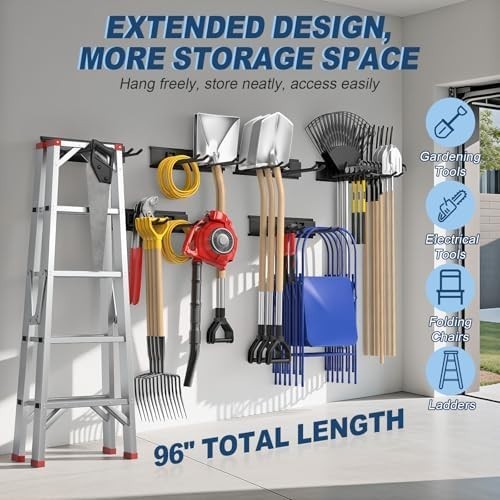 Heavy Duty Wall Mounted Garden Tool Organizer 96 Inch 12 Hooks