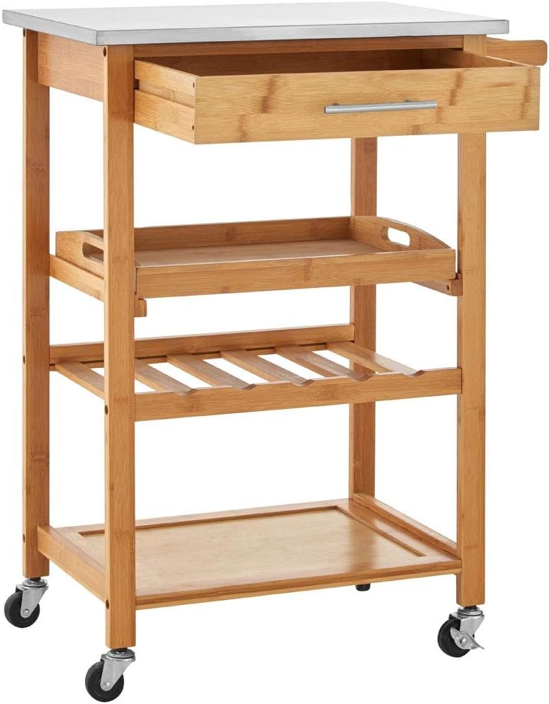 Wooden Kitchen Trolley Rolling Storage Cart Bamboo Shelves Drawer Wheels