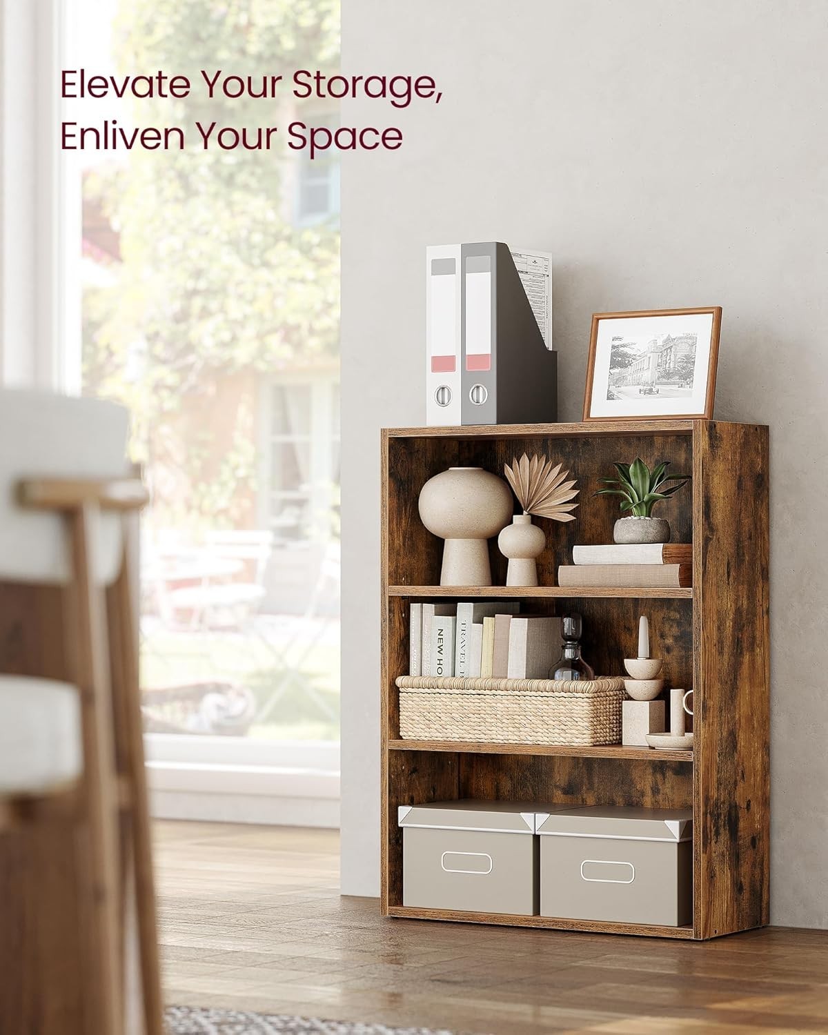 3 Tier Wooden Bookcase Tall Storage Display Book Shelf for Living Room Rustic