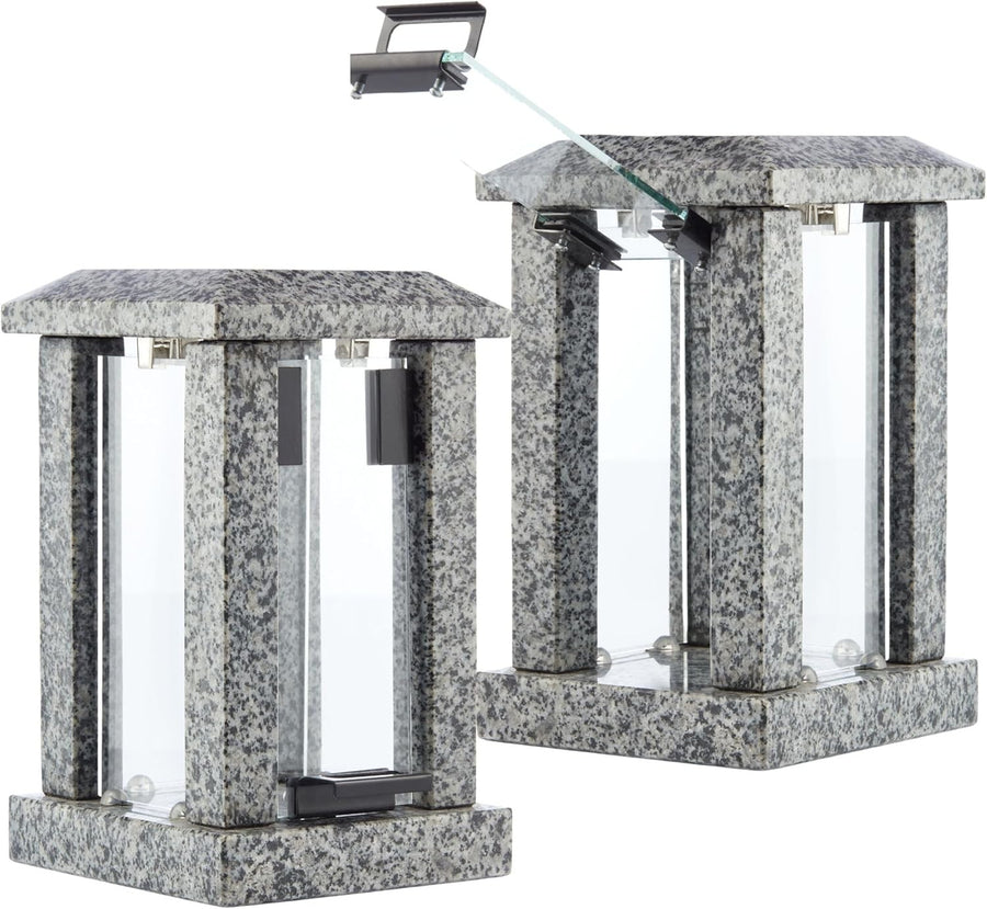 Large Grey Granite Candle Lantern 32cm Square Polished Decor