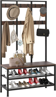 Industrial Coat Rack with Bench 3-in-1 Shoe Storage Hall Tree 12 Hooks 184cm