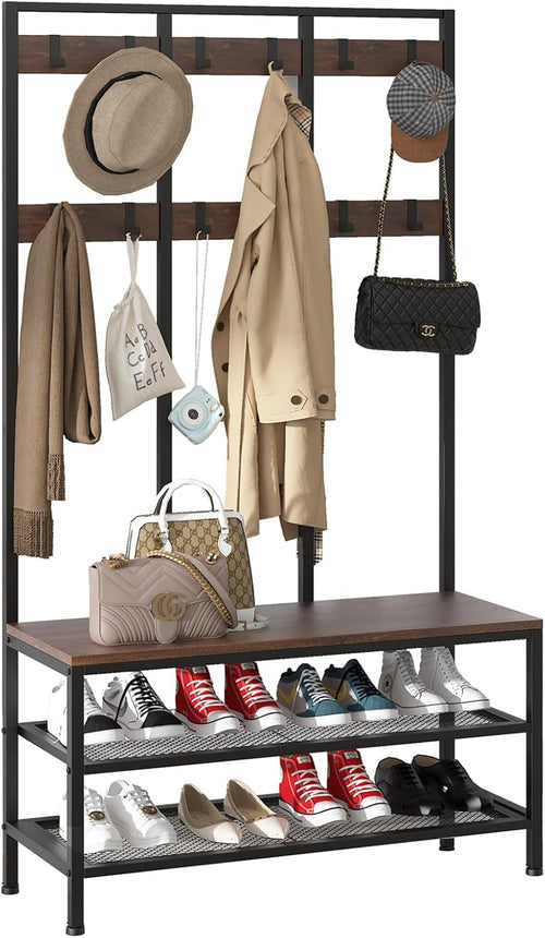 Industrial Coat Rack with Bench 3-in-1 Shoe Storage Hall Tree 12 Hooks 184cm