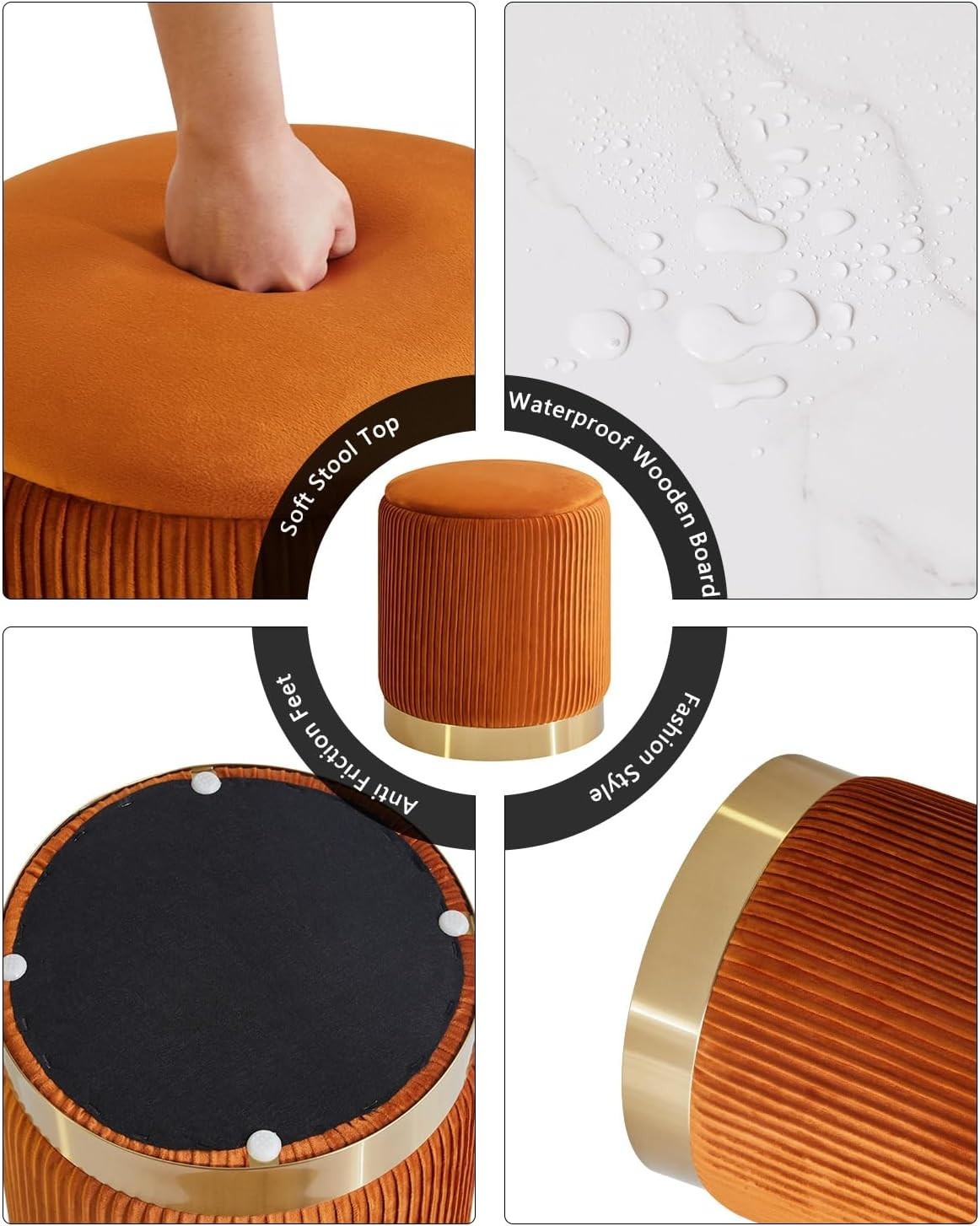 Set of 2 Velvet Storage Ottomans – Round Boucle Footstools & Side Tables Orange