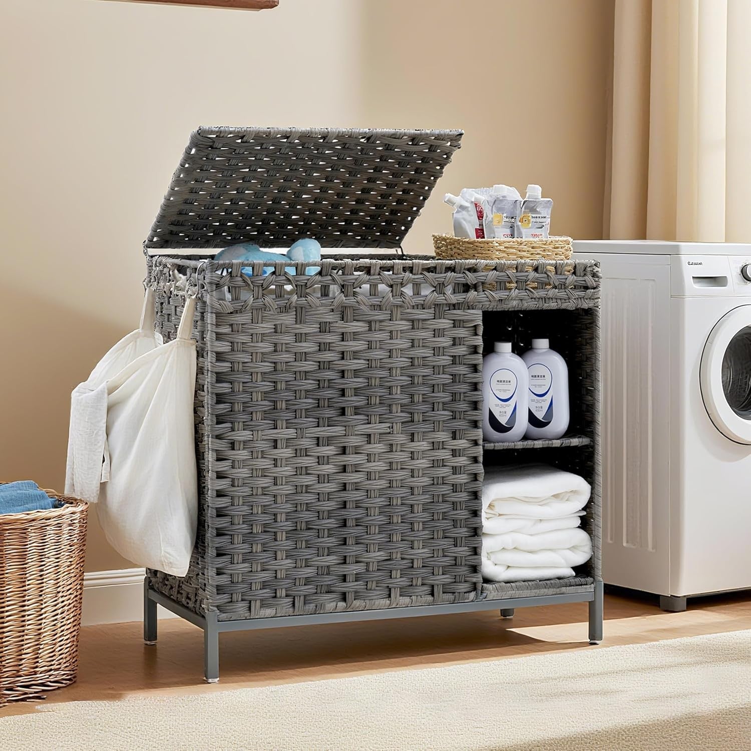 110L Grey Rattan Laundry Hamper 2 Section Basket with Lid & Storage Shelf