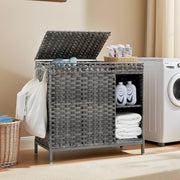 110L Grey Rattan Laundry Hamper 2 Section Basket with Lid & Storage Shelf