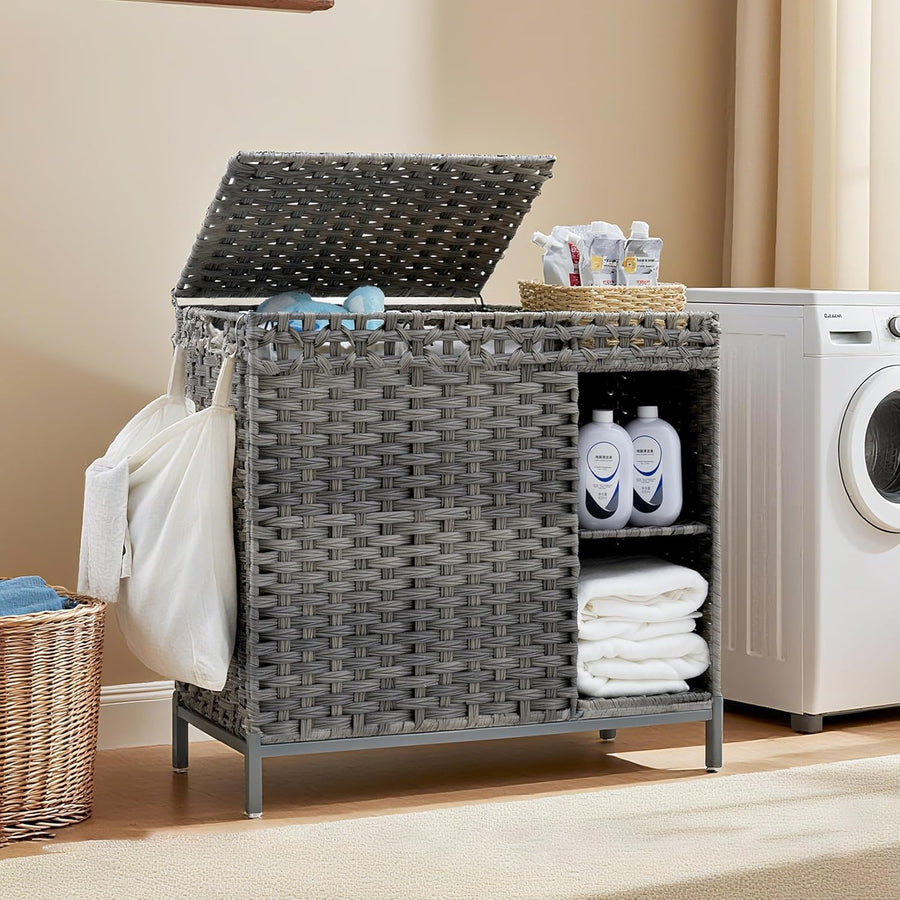 110L Grey Rattan Laundry Hamper 2 Section Basket with Lid & Storage Shelf