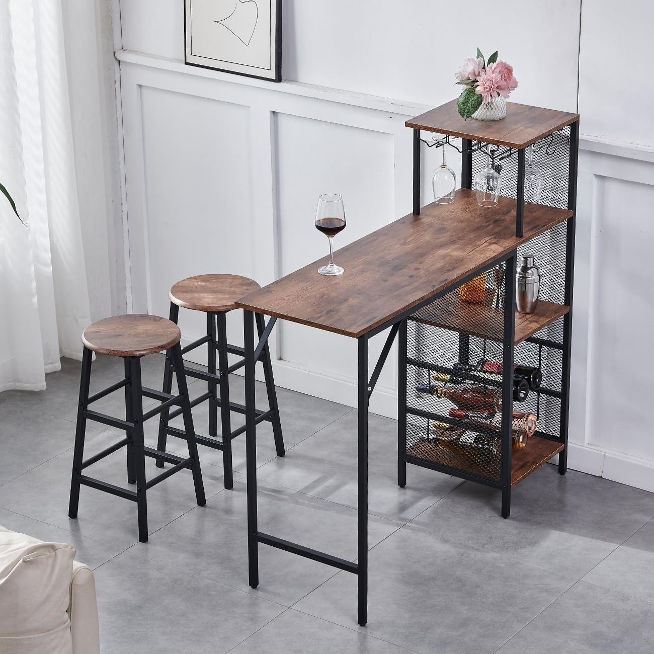 3-Piece Bar Table Set with 2 Stools Wood Top Space-Saving Dining Table Set