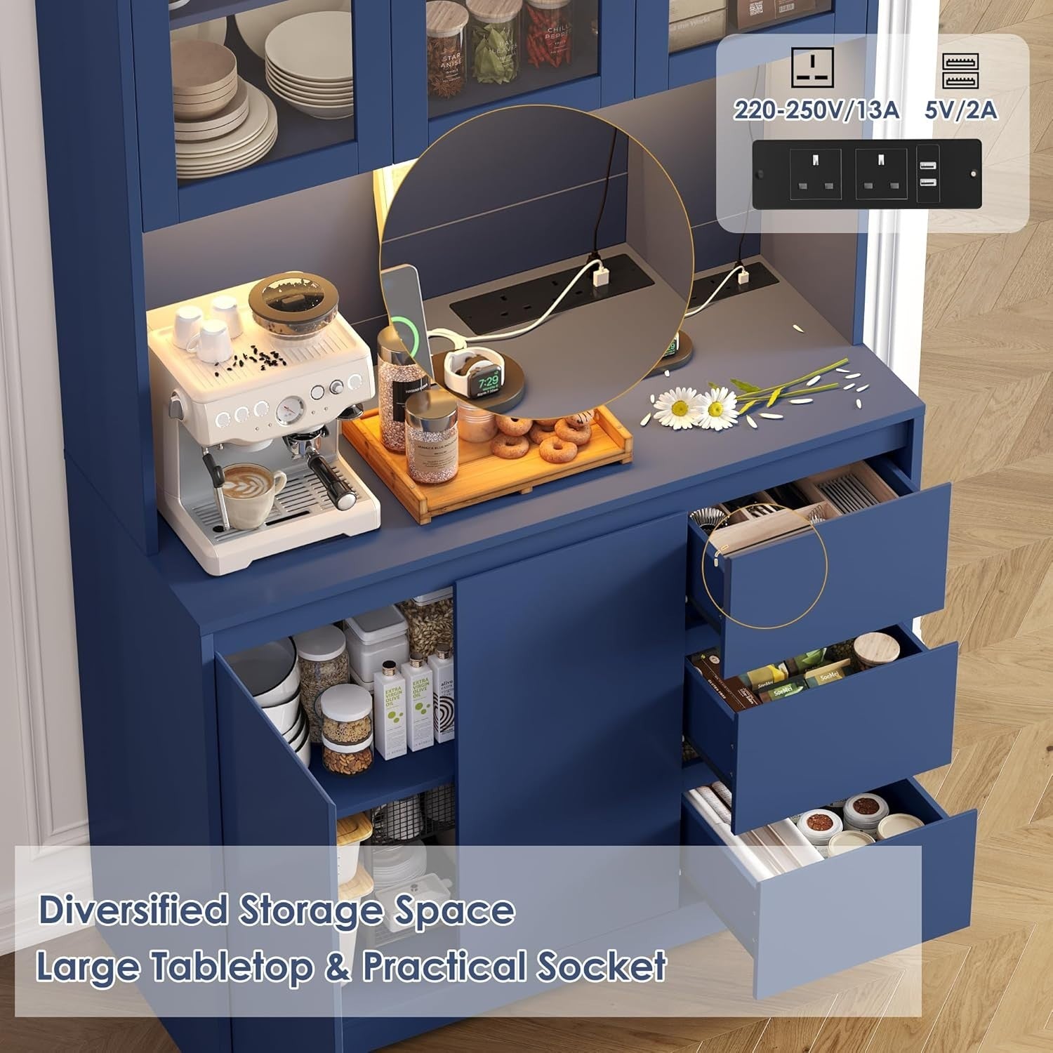 Blue Tall Kitchen Cupboard with LED, Shelves, Drawers & Power Sockets