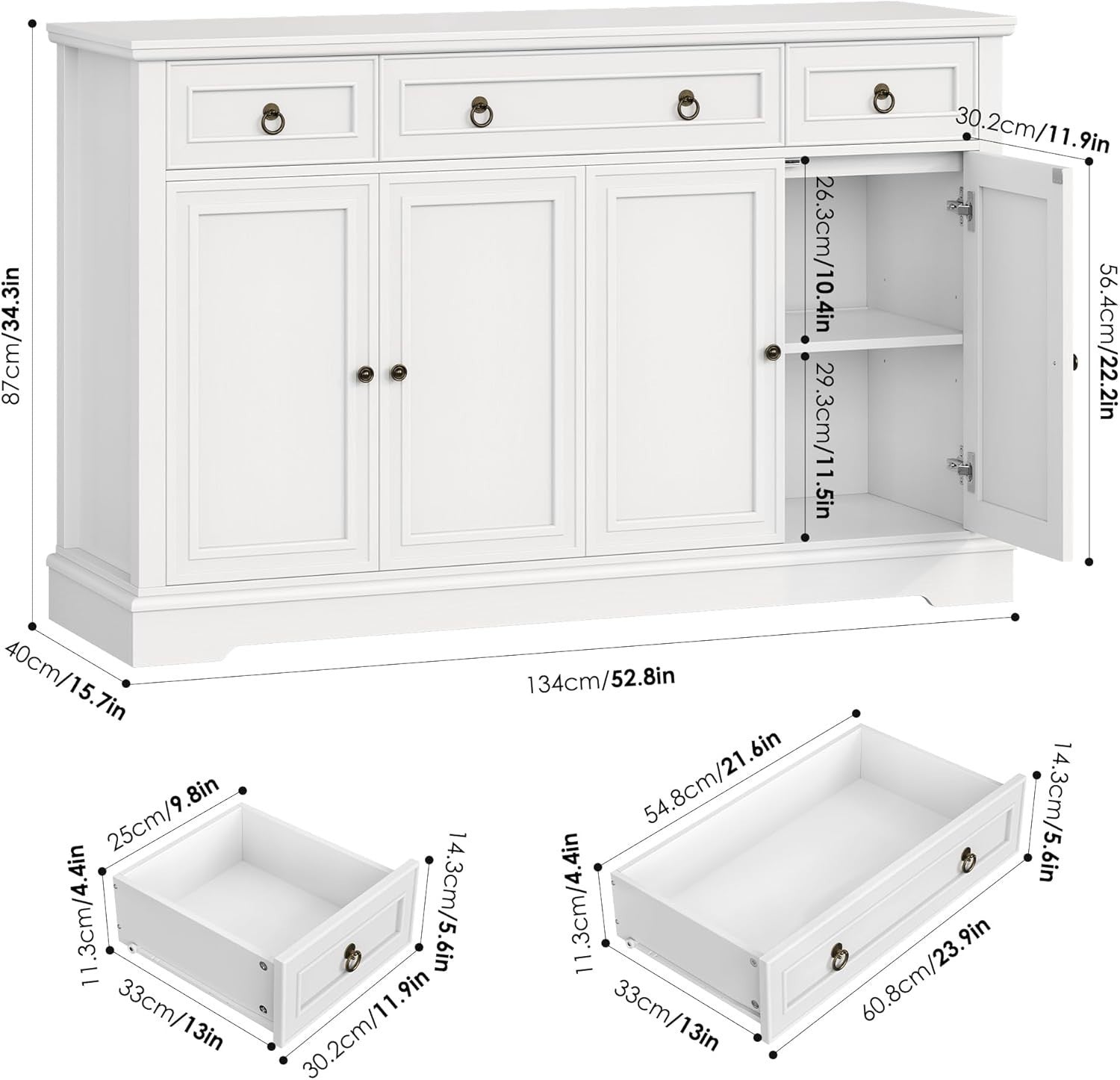 White Sideboard 4 Door 3 Drawer Cabinet Storage Unit Adjustable Shelves**