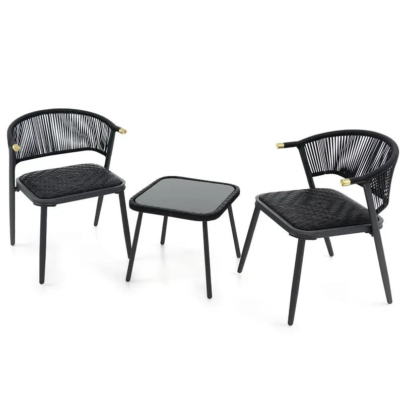 3pc Rattan Garden Bistro Set Black Chairs & Glass Coffee Table Patio Set