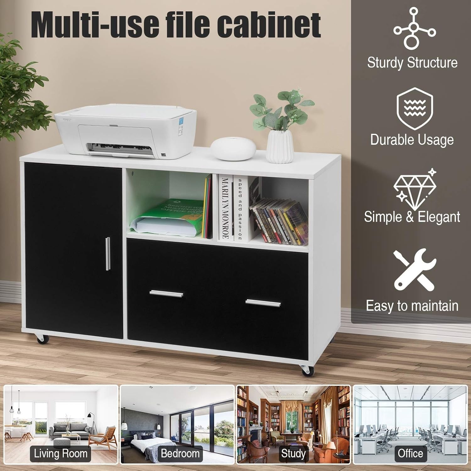 Black White Mobile File Cabinet 100cm Printer Stand Rolling Storage