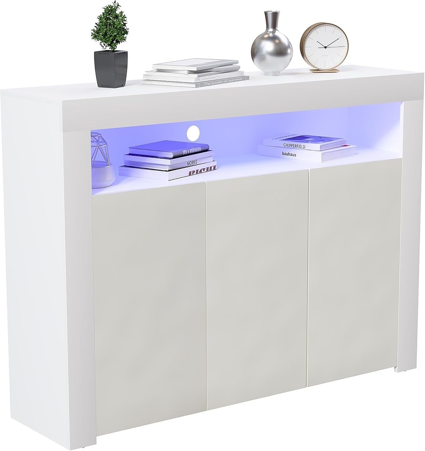 Modern White LED Sideboard 3 Doors 3 Drawers RGB Lighting Storage Cabinet