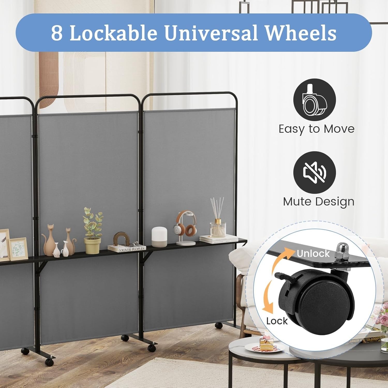 3 Panel Grey Folding Room Divider with Shelves & Wheels Privacy Screen 188cm