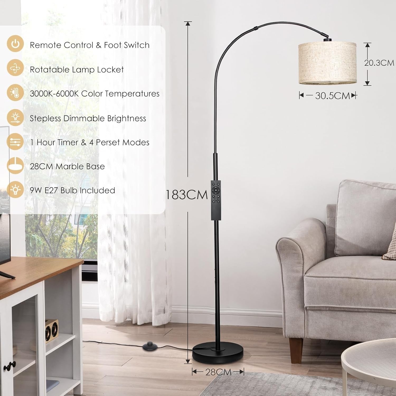 Arc Floor Lamp Black Remote Dimmable LED Tall Living Room Bedroom Light