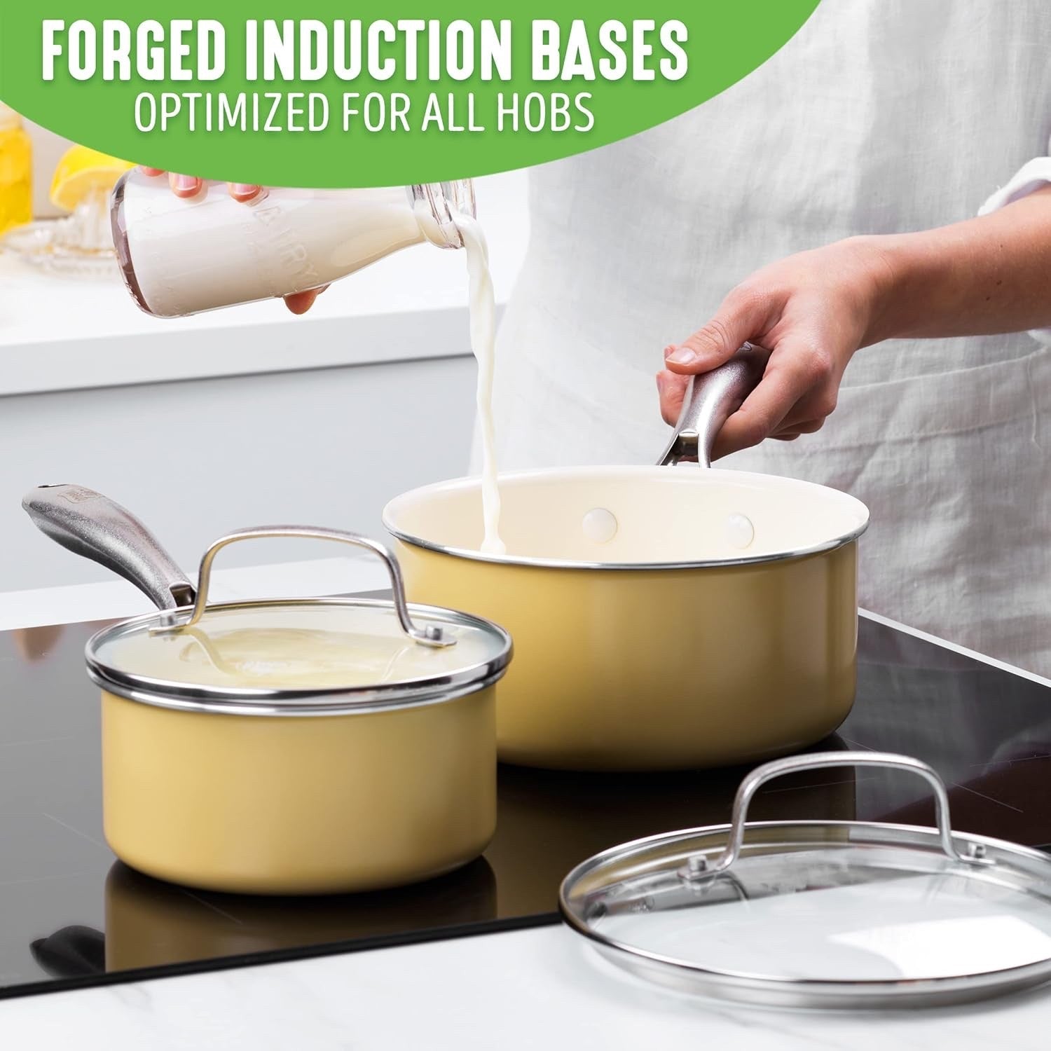 2Pcs Yellow Ceramic Saucepan Set Non Stick 14cm 18cm With Lids Induction Safe