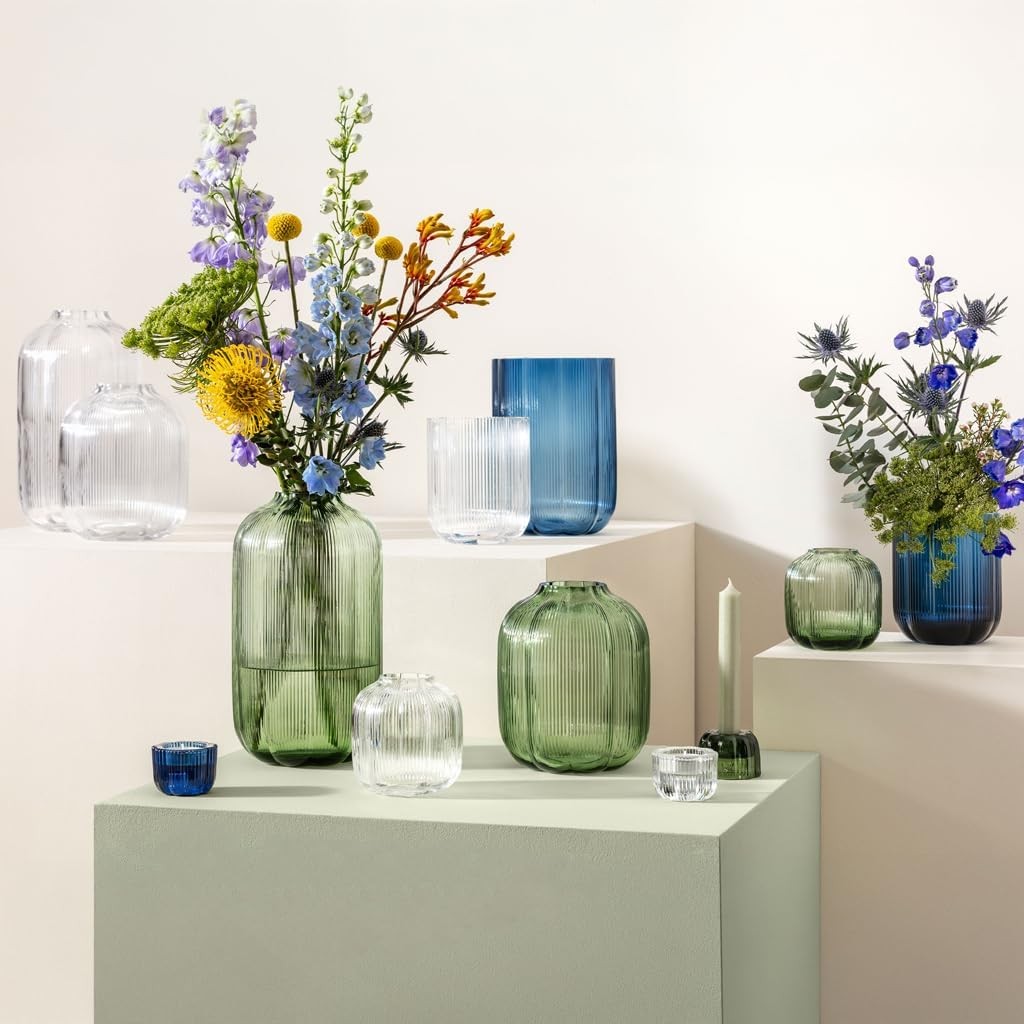 Blue Glass Flower Vase 22.5cm Tall Ribbed Table Centrepiece Home Decor