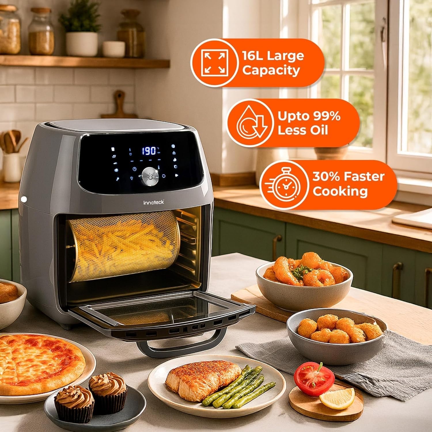 16L Air Fryer Oven Rotisserie 1800W 10 Presets Touchscreen Window