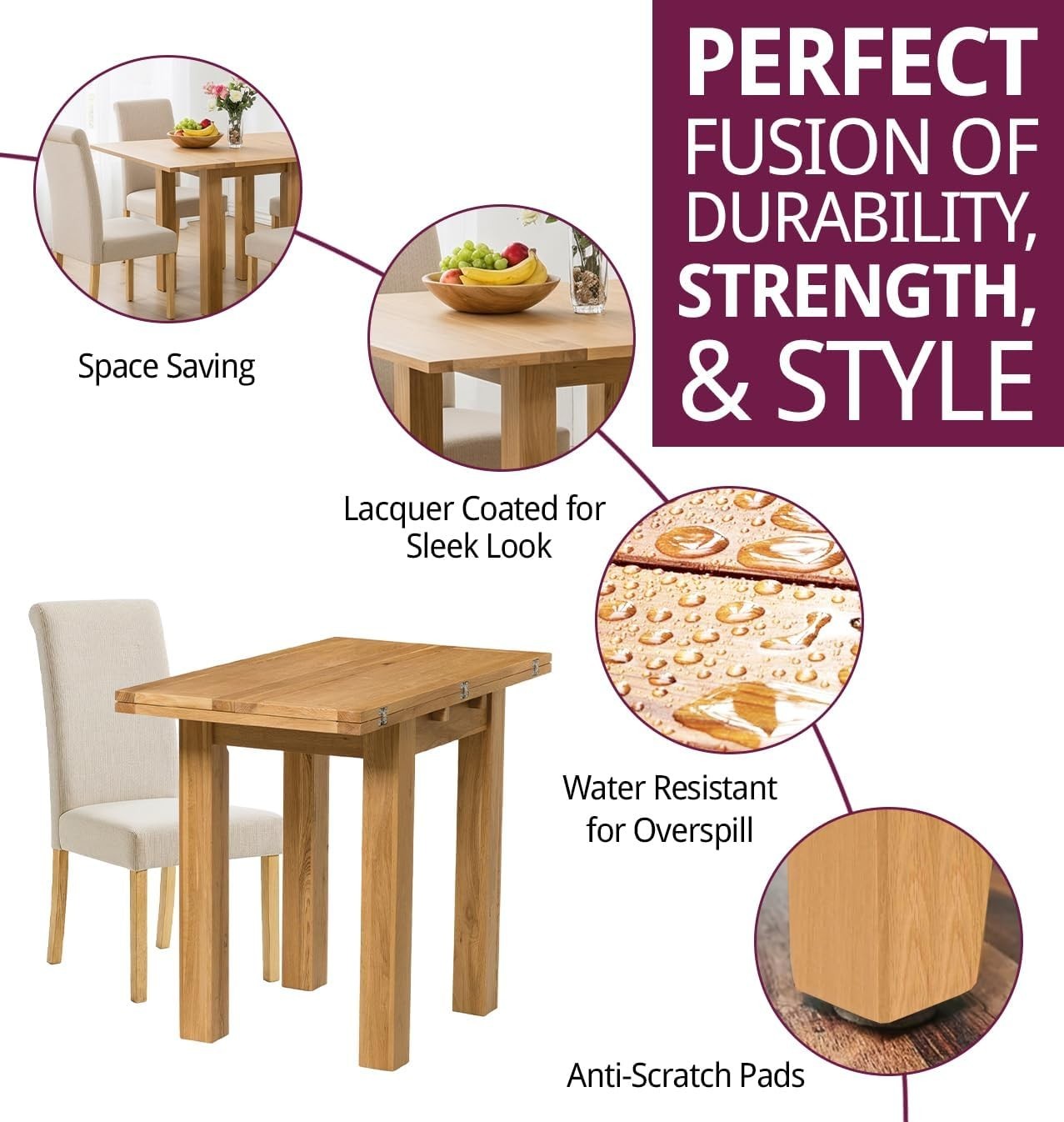 Folding Dining Table and 4 Chairs Set Light Oak Cream for Small Spaces