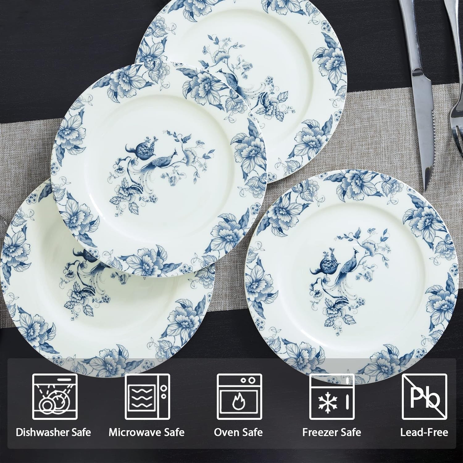 8 Inch Bone China Dessert Plates Set of 4 Blue Floral Salad Pasta Dishes