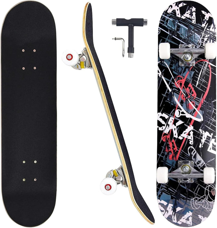 31 Inch Complete Skateboard Maple Wood Double Kick Rectangular Prism