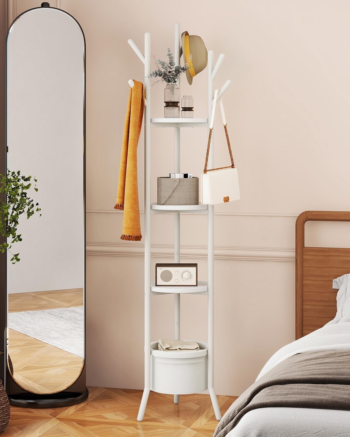 White Freestanding Coat Rack with Shelves | 169cm Metal Hall Tree Stand