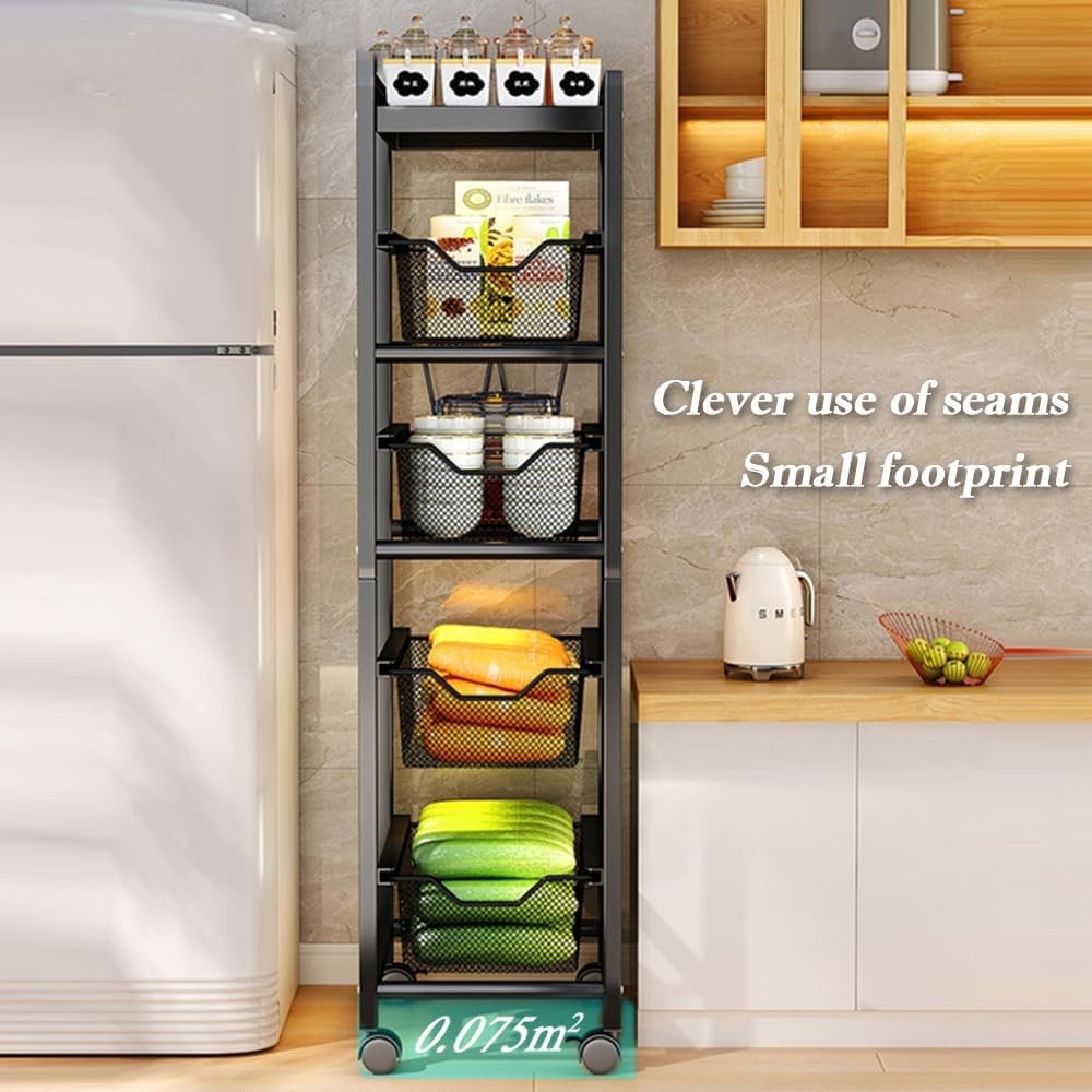 5 Tier Slim Kitchen Storage Trolley on Wheels Narrow Metal Basket Rack