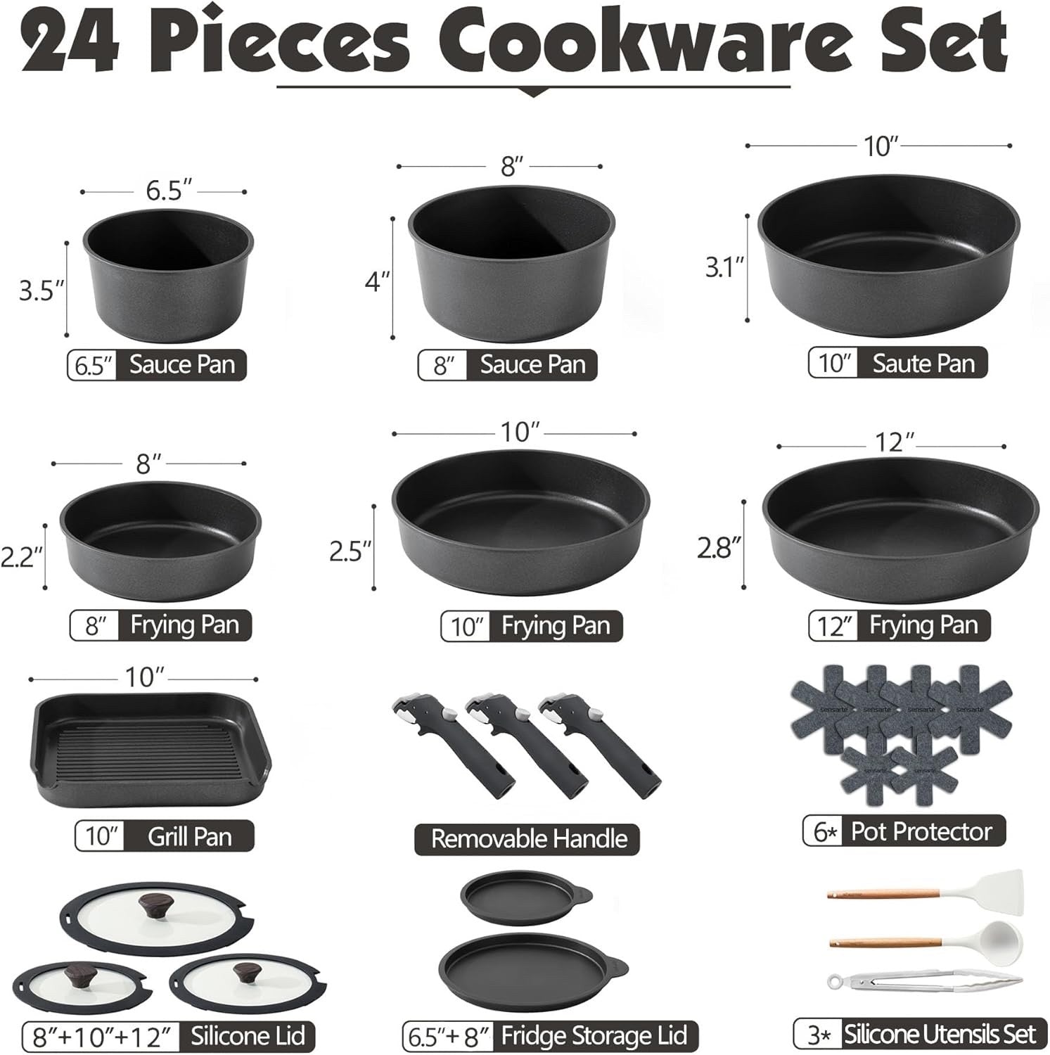 24pcs Black Non Stick Cookware Set Detachable Handle Induction Oven Safe