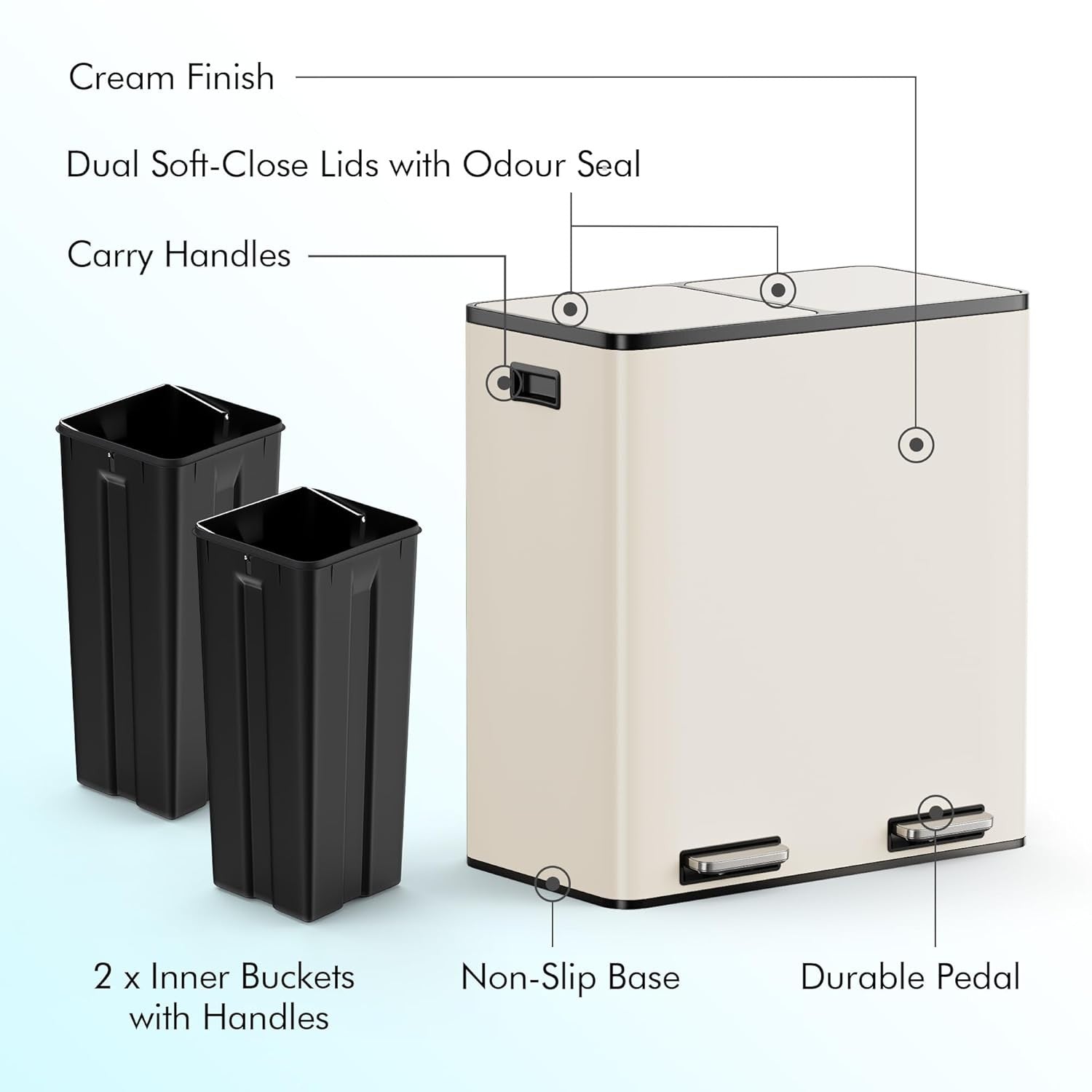 60L Double Recycling Bin Cream Stainless Steel 2x30L Pedal