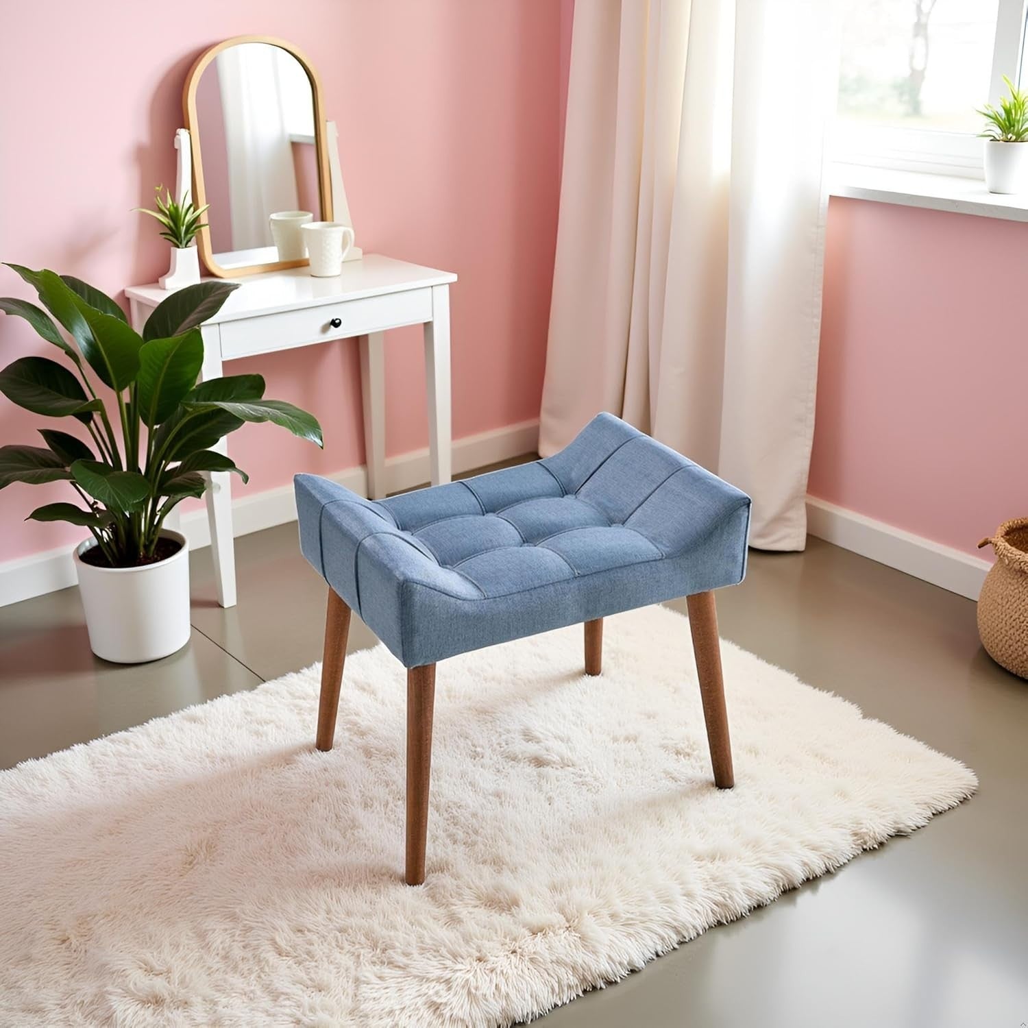 Blue Padded Dressing Table Stool Modern Vanity Makeup Chair Bedroom