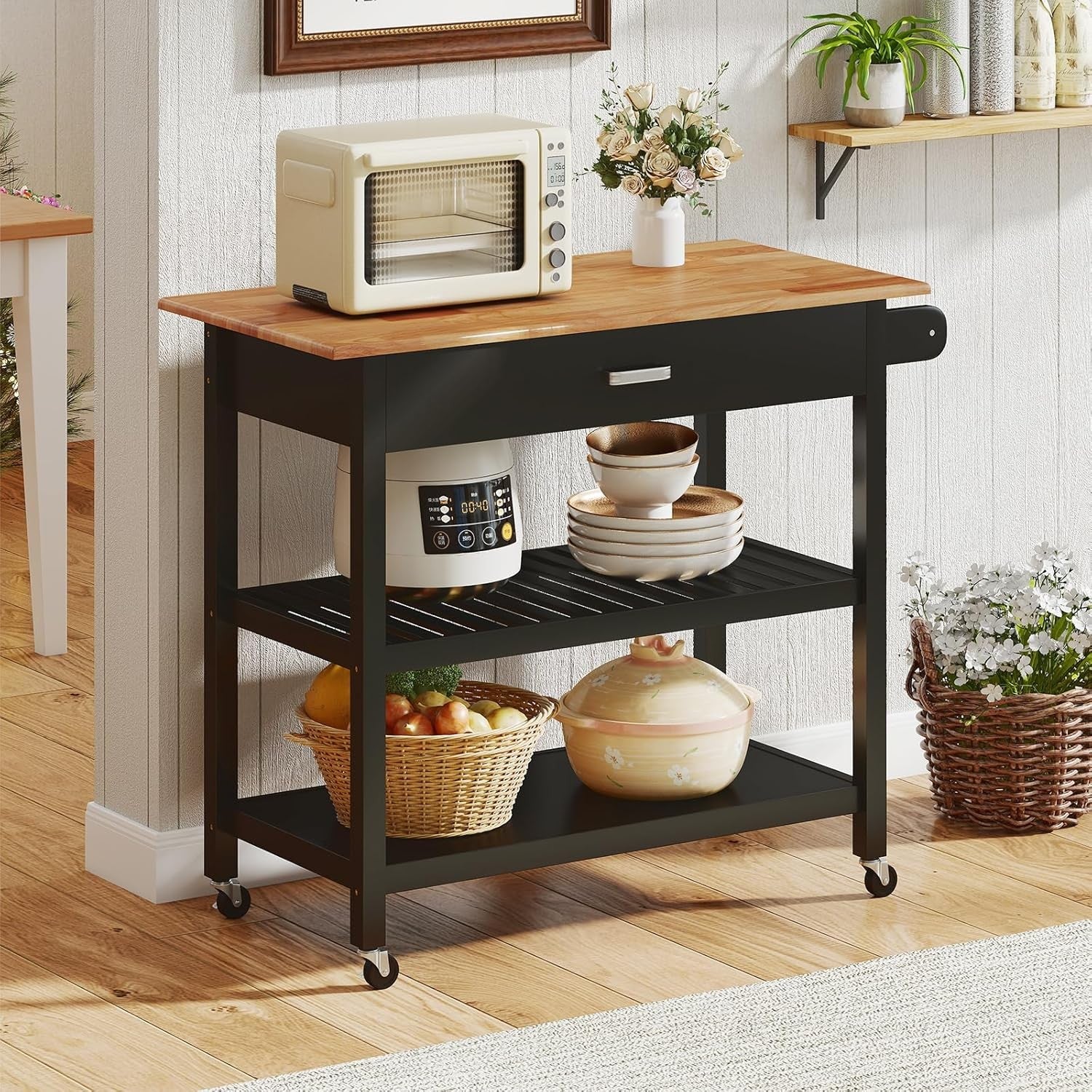 Kitchen Island Trolley Rolling Storage Cart Drawer Shelves Wood Top
